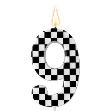 Imagem de Vela de aniversário temática de carros de corrida, número xadrez, velas pretas e brancas, enfeite de bolo de feliz aniversário, decorações de festa para meninos, carros de corrida, suprimentos de