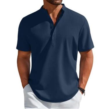 Imagem de Camiseta masculina casual casual de verão Henley azul marinho COOFANDY