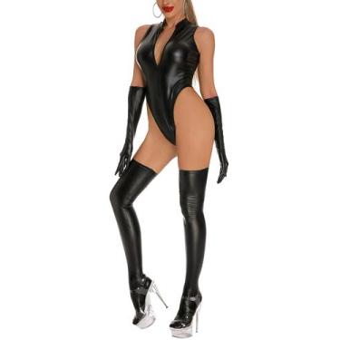 Imagem de Macacão Panegy feminino de couro envernizado metálico preto S