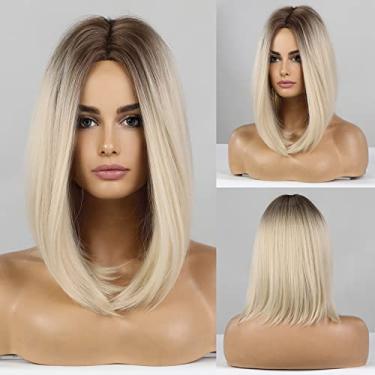Imagem de Perucas de comprimento até o ombro para mulheres, cabelo amarrado à mão, cabelo natural, ombré, perucas , castanho-escuro para loiro, perucas da parte média, fibra resistente ao calor, peruca feminina sintética diária com aparência natural