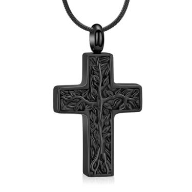 Imagem de QGJNSGC Colar de urna com cruz para cinzas pingente memorial árvore da vida joia de cremação cinzas lembrança colar presente para perda de entes queridos, Aço inoxidável, Sem Pedra Preciosa