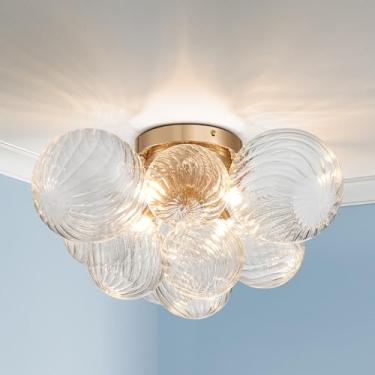 Imagem de AGV LIGHTING Luminária de teto moderna de vidro bolha de montagem embutida, lustre de teto dourado de 4 luzes com persianas de globo de vidro texturizado transparente, iluminação de sala de estar