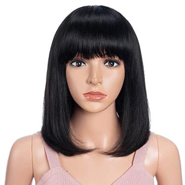 Imagem de Joedir Peruca curta reta preta bob peruca com franja 100% cabelo humano peruca para mulheres 30 cm peruca bob curta natural procurando para uso diário (cor preta)