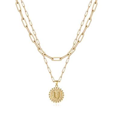 Imagem de Colar com inicial de ouro Yoosteel para mulheres e meninas, banhado a ouro 14 K delicado com clipe de papel e corrente personalizada com moedas com inicial para presentes de joias de ouro Dourado