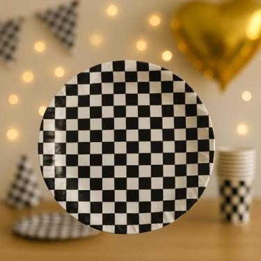 Imagem de 8 Pratos de Papel Xadrez Preto e Branco 18 cm Festa Boteco, Corrida e 