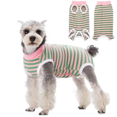 Imagem de Macacão de recuperação para cães fêmeas após cirurgia esterilização, pijamas cirúrgicos macios para cães pequenos e médios, filhotes de cachorro, feridas abdominais evitam lamber rosa verde M