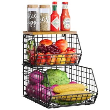 Imagem de X-cosrack Cestas de arame empilháveis de 2 camadas com tampas de madeira, cesta de frutas para balcão de cozinha, cestas de parede para armazenamento de batatas e cebolas, cestas de metal para latas