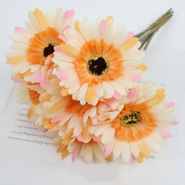Imagem de Buquê de 6 flores artificiais de gérbera de seda, decoração para mesa de casamento, varanda, margarida falsa, crisântemo, festa, decoração para casa (um buquê com 6 peças/amarelo)