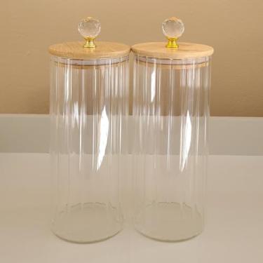 Imagem de Conjunto com 2 Potes Herméticos de Vidro Canelado transparente Tampa de bambu com Puxador Cristal 1050ml