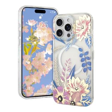 Imagem de AIGOMARA Capa magnética para iPhone 16 Pro [compatível com MagSafe] Design com estampa floral transparente, fina, antiamarelamento, à prova de choque, para mulheres e meninas, flor