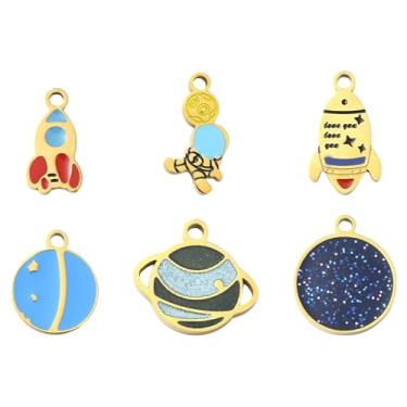 Imagem de UR URLIFEHALL 12 peças, 6 estilos, tema espacial, pingentes esmaltados de aço inoxidável, banhado a ouro 18 K, pingentes de astronauta, planeta, para fabricação de joias a granel