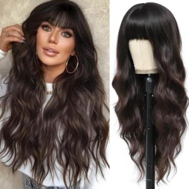 Imagem de Peruca MINSEEYOO Brown Wavy 66 cm com franja resistente ao calor