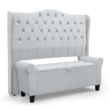 Imagem de Conjunto Estofado Cabeceira e Recamier Baú Capitonê Para Cama Casal de 140cm Dubai - LH Móveis (Corino Branco)