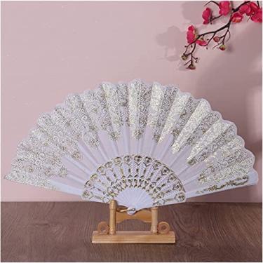 Imagem de Ventilador de mão dobrável portátil, ventiladores de noiva, 1 peça leque de renda espanhola leque dobrável peônia floral renda dança fã presente casamento casa ventilador dobrável decorativo (branco)