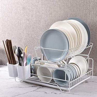 Imagem de AKALNNB Escorredor de pratos preto removível de 2 camadas com suporte de pauzinhos duráveis e dreno de plástico para tigelas, pratos e utensílios de cozinha (43 x 34 x 26 cm) porta-canecas guardanapo