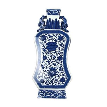 Imagem de Vaso de flor vaso de cerâmica novo chinês retrô pintado à mão vasos de porcelana azul e branco 37 cm grande decoração de grés plano para mesa vaso de flores decoração