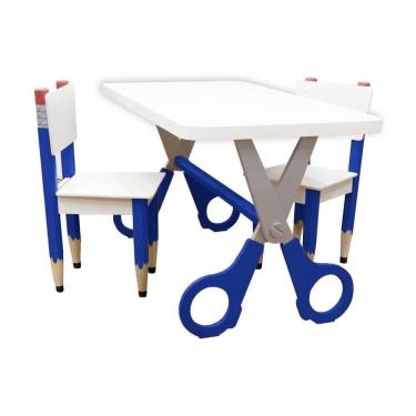 Imagem de Kit 2 Cadeiras E Mesa Infantil Tesoura Azul Tampo Branco Retangular Base Temática Para Estudos E Desenhos Mobília Decor