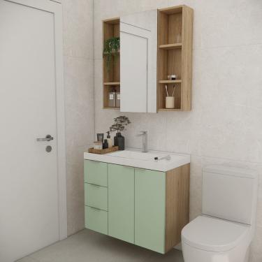 Imagem de Conjunto de Banheiro com Cuba 80cm Gaveta Esquerda Vittare Carvalho/Verde