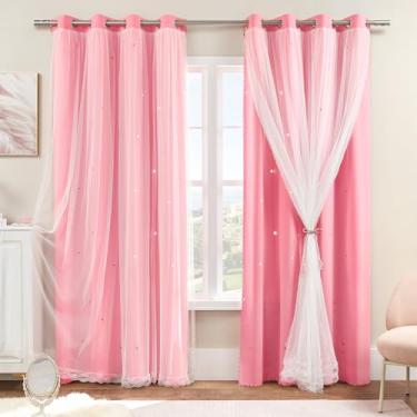 Imagem de XiDi Cortinas rosa para quarto de bebê de 228 cm de comprimento, blackout de camada dupla com sobreposição transparente para crianças, crianças, quarto de princesa, sala de estar, escurecimento com