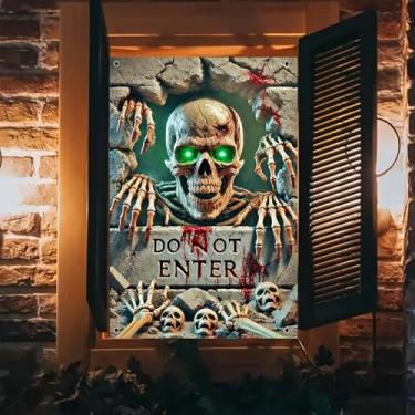 Imagem de BlissYard Capa de janela de Halloween Capa de janela de terror 81 x 129 cm Esqueleto emergente Olhos verdes Não Entre na Lápide Decoração de Halloween Assustador Casa Assombrada Festa Decoração de