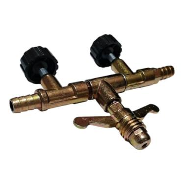 Imagem de Alenção Registro de Gás GLP Duplo de Alta Pressão, Metal Dourado, 2 Saídas Independentes com Válvulas para Botijão P13/P5/P8, Uso Industrial (2)