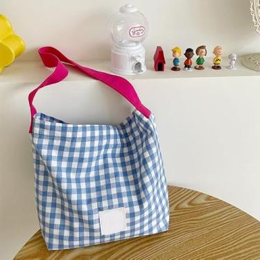 Imagem de Bolsa feminina de lona quadriculada, bolsa de ombro com bolsos para viagem, trabalho, compras, academia, armazenamento, mochila carteira-azul