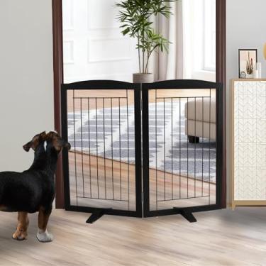 Imagem de ZJSF Cerca interna independente para cães, portão dobrável para portas, escadas ou corredores, portão extra largo de madeira resistente para animais de estimação com pés de suporte para casa, preto