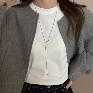 Imagem de Colares femininos prateados com contas longas minimalistas, camada dupla, aço titânio, contas, pingente, colar, acessórios de joias, 45, Aço de titânio, Sem Pedra Preciosa