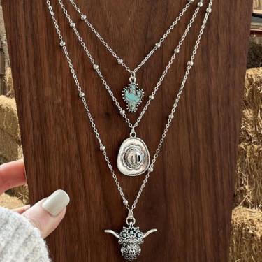 Imagem de 3 pçs/conjunto de colar ocidental para mulheres, colar de corrente turquesa, chapéu de vaqueira, design de cacto, pingente empilhável, colar tribal do sudoeste, acessórios de joias empilháveis