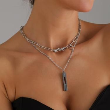 Imagem de Colar de metal com pingente quadrado, corrente de clavícula grossa leve e luxuosa para mulheres, presente de joia moderna em camadas de pera do Instagram