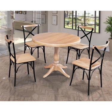 Imagem de Mesa Jantar Redonda 1M Madalena Rústica Com 4 Cadeiras Paris Base Alumínio Natural - Marrom
