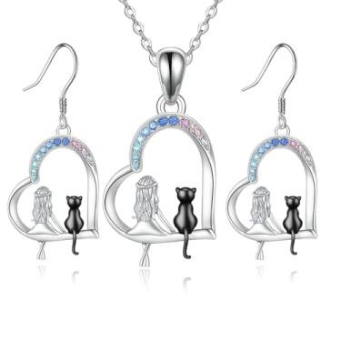 Imagem de SUPAC Conjunto de joias de cristal gato e lua, colar com pingente de aço inoxidável com cristais azuis e rosa, design de gato em ouro rosa, conjunto de 3 peças com brincos, largura de 0,90 polegadas