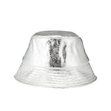 Imagem de Bonés de pescador femininos brilhantes de couro real rachaduras aba curta coreana prata dourada bacia chapeu prata 55-57 cm
