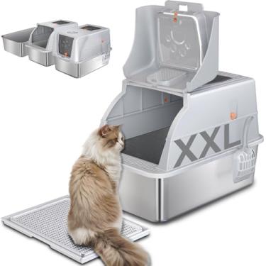 Imagem de Caixa de areia para gatos de aço inoxidável com tampa, 180° Flip Top XXL caixa de areia fechada com tapete de armadilha e colher de metal, parte superior frontal dupla entrada aço extra grande bandeja