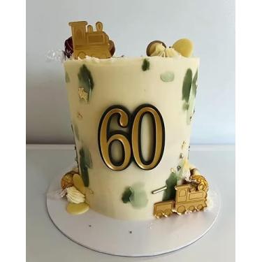 Imagem de 2 peças de topo de bolo dourado número 60 com trem, decoração de bolo de feliz aniversário de 60 anos para mulheres e homens, decorações de festa sujas 60 para artigos de festa de aniversário de