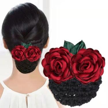Imagem de Grampo de cabelo feminino com clipe de primavera para enfermeira vintage flor grampo de cabelo rede doce hotel coque coreano snood para meninas (vinho tinto)