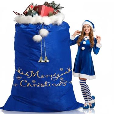 Imagem de Treela Saco extragrande de presente de Papai Noel de veludo com cordão de pompom, grande, gigante, para presente de Natal, presente de Natal (azul escuro)