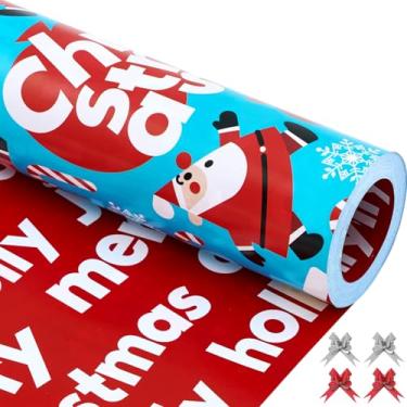 Imagem de EWES Conjunto engraçado de rolos de papel de embrulho de Natal, embrulho de presente infantil azul, desenho fofo com Papai Noel, rena, bengala doce e meias de Natal, vermelho reversível, total 28,5 m²