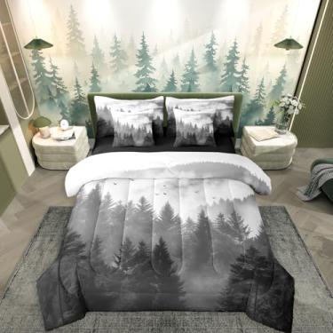 Imagem de Conjunto de cama queen com floresta neblina preta, tamanho Queen, árvore da natureza, para adultos, homens e mulheres, decoração de quarto moderno, cama de montanha esfumaçada em um saco, fronhas