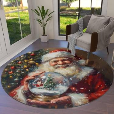 Imagem de Tapete redondo de Natal com bola de cristal de Papai Noel de 1,8 m, tapete lavável para área interna, tapete à prova de manchas para sala de estar, sala de jantar, cozinha, quarto, tapete de impressão