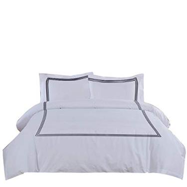 Imagem de BedDecor Conjunto de capa de edredom de 3 peças – bordado de 3 linhas, 100% algodão egípcio, roupa de cama de qualidade hoteleira 500TC com zíper e laços nos cantos – azul marinho, king/Cal King
