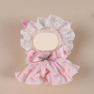 Imagem de Compatível com Labubu (sem boneca) - Conjunto rosa Sweet Lolita (gorro de renda com orelhas de gato + vestido de pelúcia com detalhes de pérola), roupa de boneca de 15 cm/17 cm (rosa)