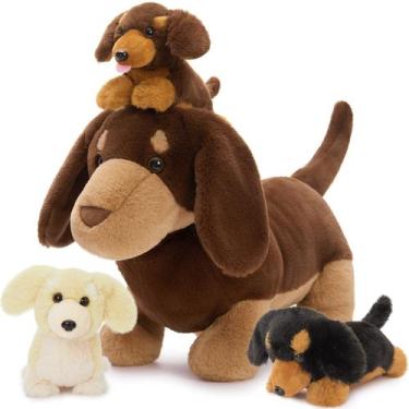 Imagem de Bicho de pelúcia Tezituor Dachshund com 3 bebês, brinquedo de pelúcia 