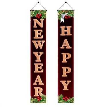 Imagem de BlissYard Conjunto de faixa de porta de feliz ano novo 188 x 30 cm vinho e dourado decoração de varanda vertical para porta da frente sinal de pendurar feriado contagem regressiva festa entrada parede