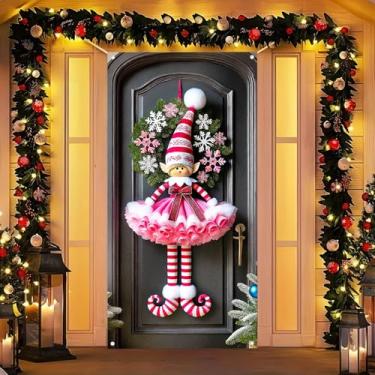 Imagem de BlissYard Capa de porta de menina elfa rosa 188 x 89 cm faixa de Natal para porta da frente decoração interna externa fundo de férias com chapéu listrado saia floco de neve grinalda cachos sapatos
