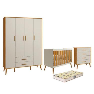 Imagem de Dormitório Infantil Isis Guarda Roupa 4 Portas, Cômoda E Berço Areia Savana Com Colchão D18 - Reller Móveis Areia Savana