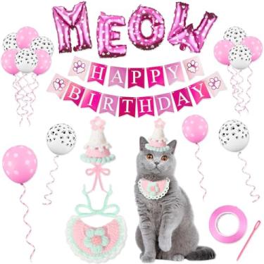 Imagem de Hahafelt 19 peças de suprimentos de festa de aniversário para gatos incluem chapéu de tricô babador de gatinho faixa de feliz aniversário, balões com estampa de pata de gato, balões de letras miau