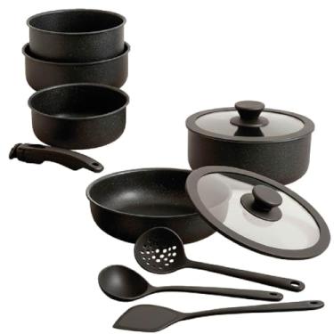 Imagem de Jogo de Panelas Antiaderente Cerâmica 11 Peças com Cabo Removível – Design Empilhável, Tampas de Vidro, Revestimento Premium, Compatível com Fogão a Gás, Elétrico e Indução (PRETA)