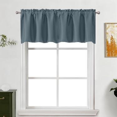 Imagem de Lecloud Saia azul pedra para janelas de 45,7 cm de comprimento, cortinas térmicas para escurecimento de cômodos, cortinas curtas e modernas, bolsos para varão para cozinha, porão, lavanderia, quarto