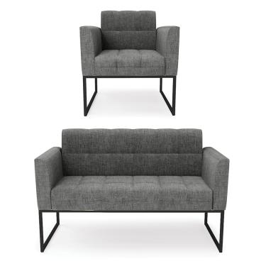 Imagem de Kit 1 Sofá Namoradeira e 1 Poltrona Elisa Linho Grafite A26 Base Metálica Industrial Preto D03 - D'Rossi